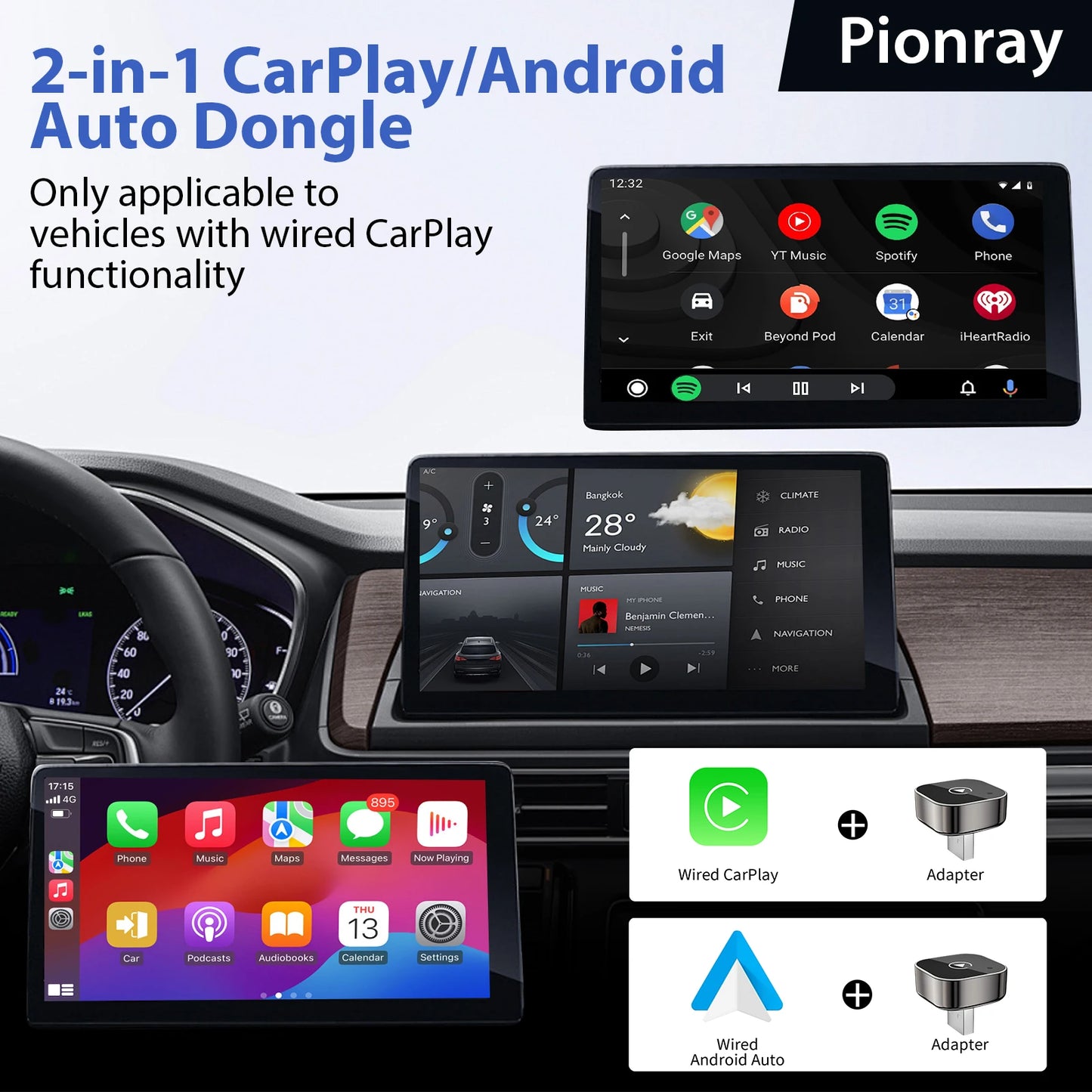 2026 Pionray 2 in 1 Wireless CarPlay :